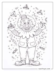 Purim Clown Juggling Hamantaschen Coloring Page