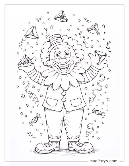 Purim Clown Juggling Hamantaschen Coloring Page