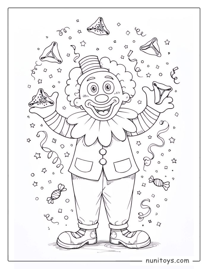 Purim Clown Juggling Hamantaschen Coloring Page