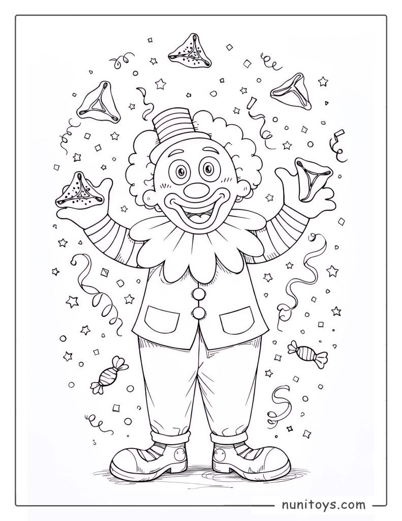 Purim Clown Juggling Hamantaschen Coloring Page