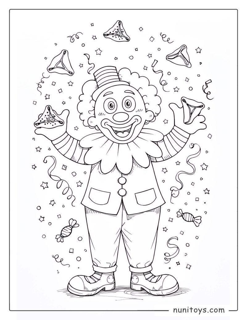 Purim Clown Juggling Hamantaschen Coloring Page