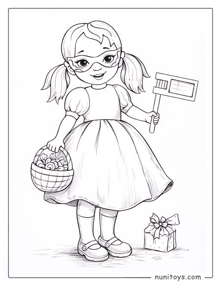 Purim Costume Girl Coloring Page with Mask and Grogger