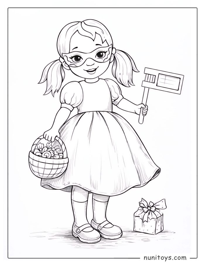 Purim Costume Girl Coloring Page with Mask and Grogger