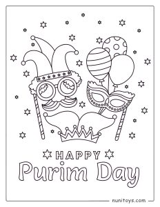 Purim Masks and Carnival Symbols Coloring Page