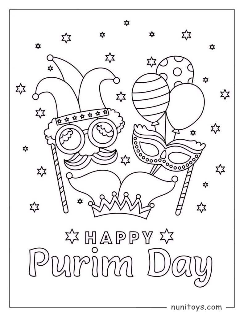 Purim Masks and Carnival Symbols Coloring Page