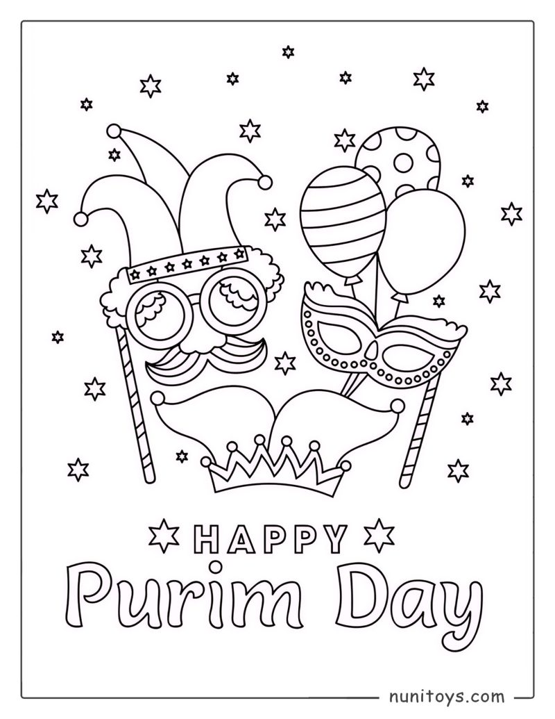 Purim Masks and Carnival Symbols Coloring Page