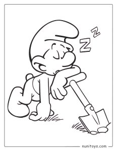 Sleeping Smurf Resting on a Shovel Coloring Page