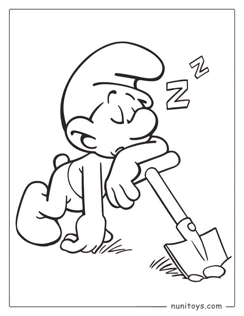 Sleeping Smurf Resting on a Shovel Coloring Page