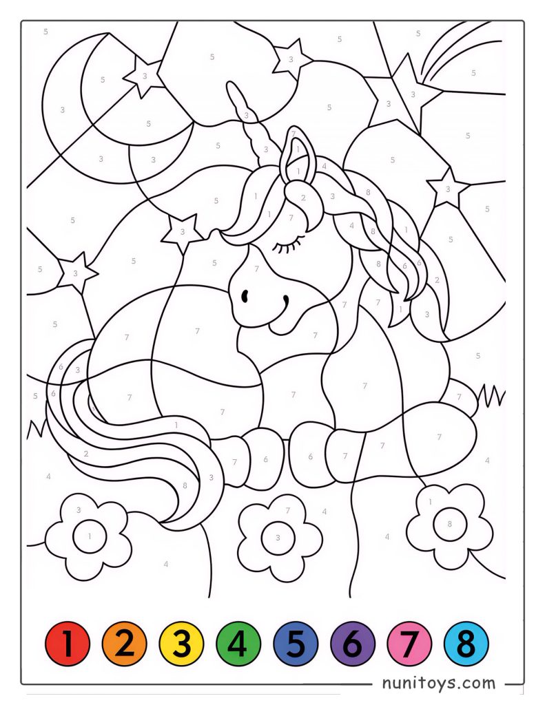 Sleeping Unicorn Coloring Page by Numbers with Stars