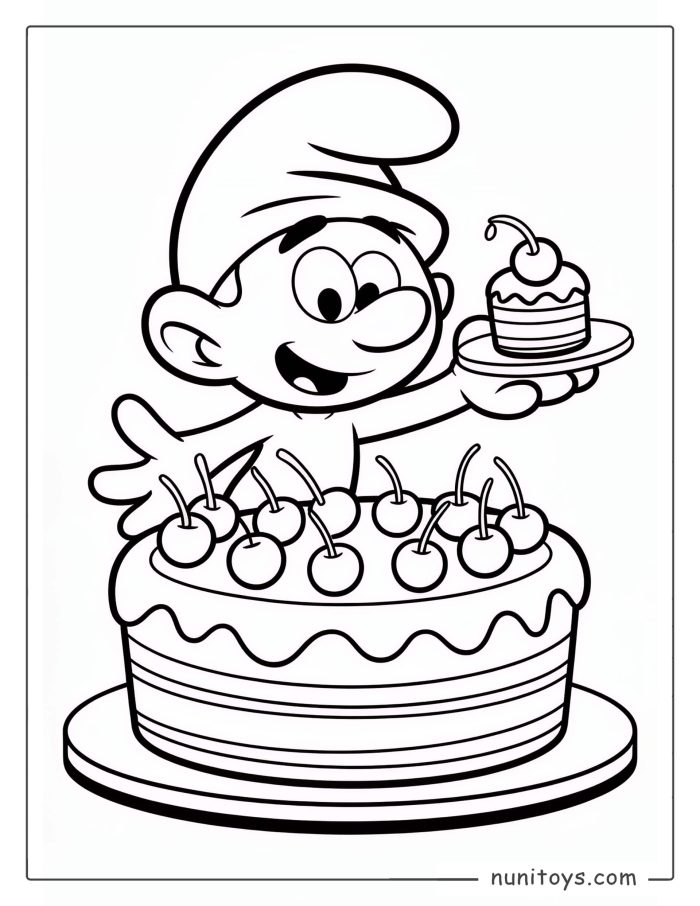 Smurf Celebrating with a Cherry Cake Coloring Page