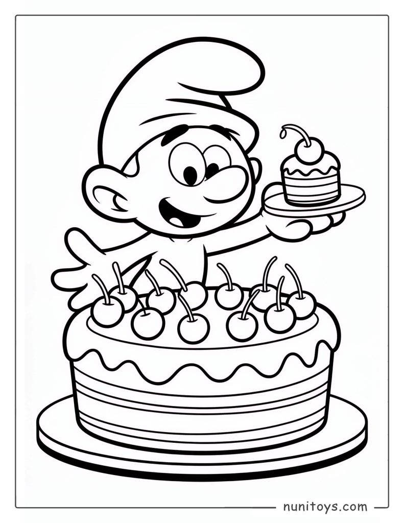 Smurf Celebrating with a Cherry Cake Coloring Page