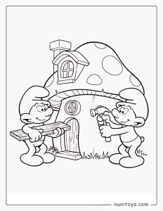Fun Coloring Page  of Smurfs Building a Mushroom House