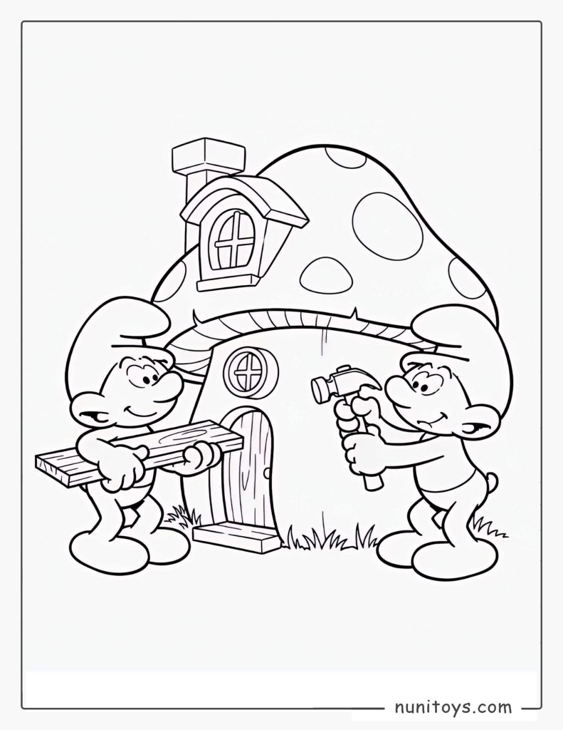 Fun Coloring Page of Smurfs Building a Mushroom House