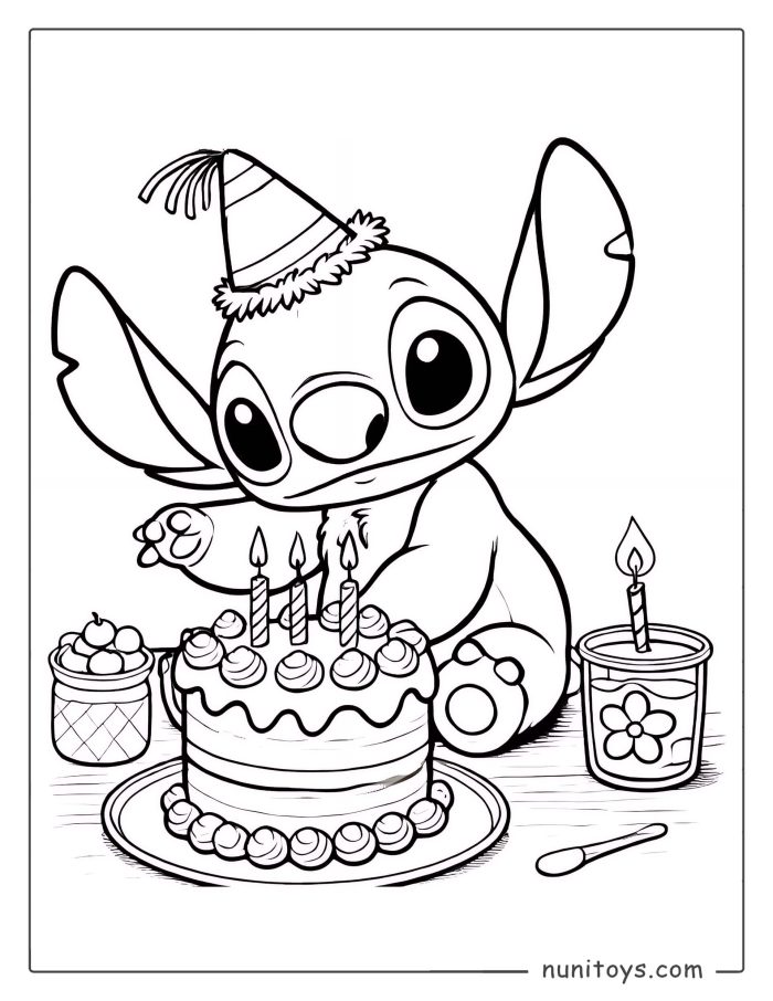 Stitch Birthday Cake Coloring Page with Candles
