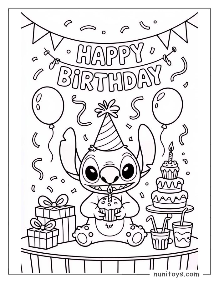 Stitch Birthday Coloring Page with Cupcake, Party Hat and Balloons