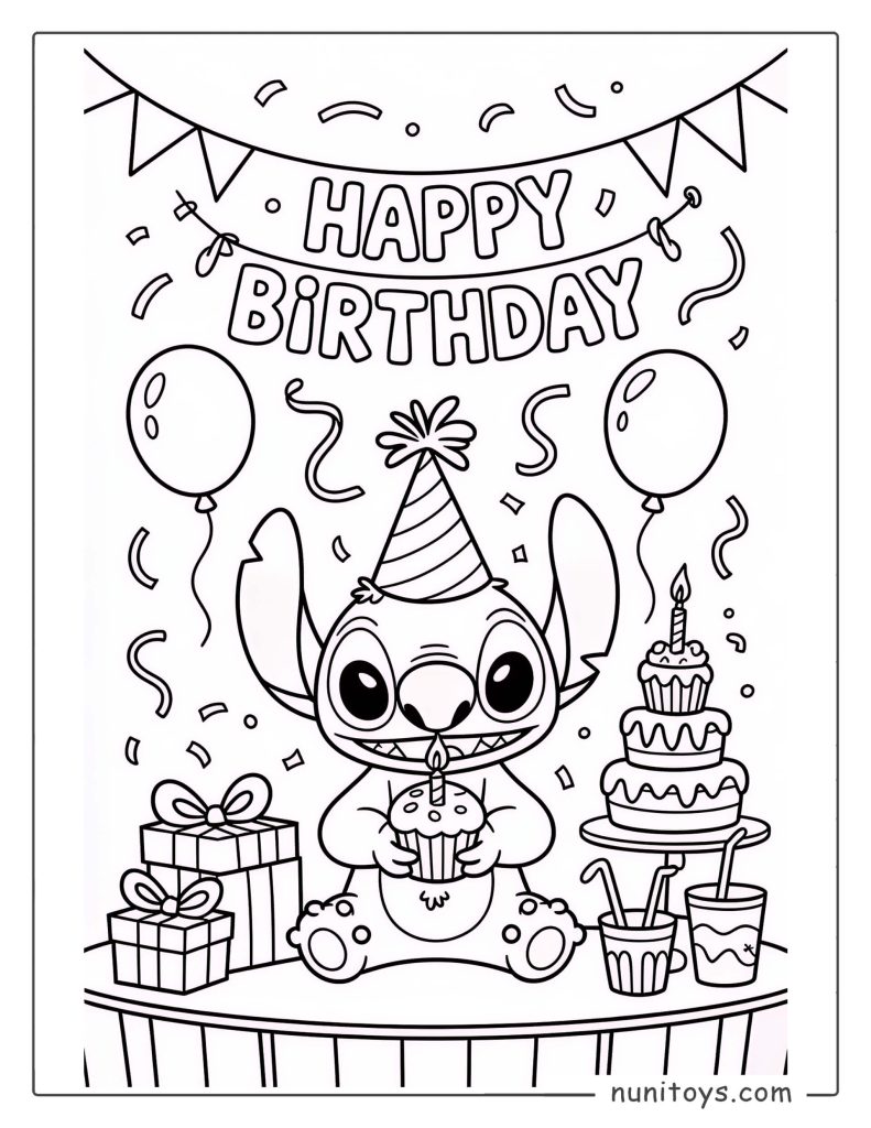 Stitch Birthday Coloring Page with Cupcake, Party Hat and Balloons
