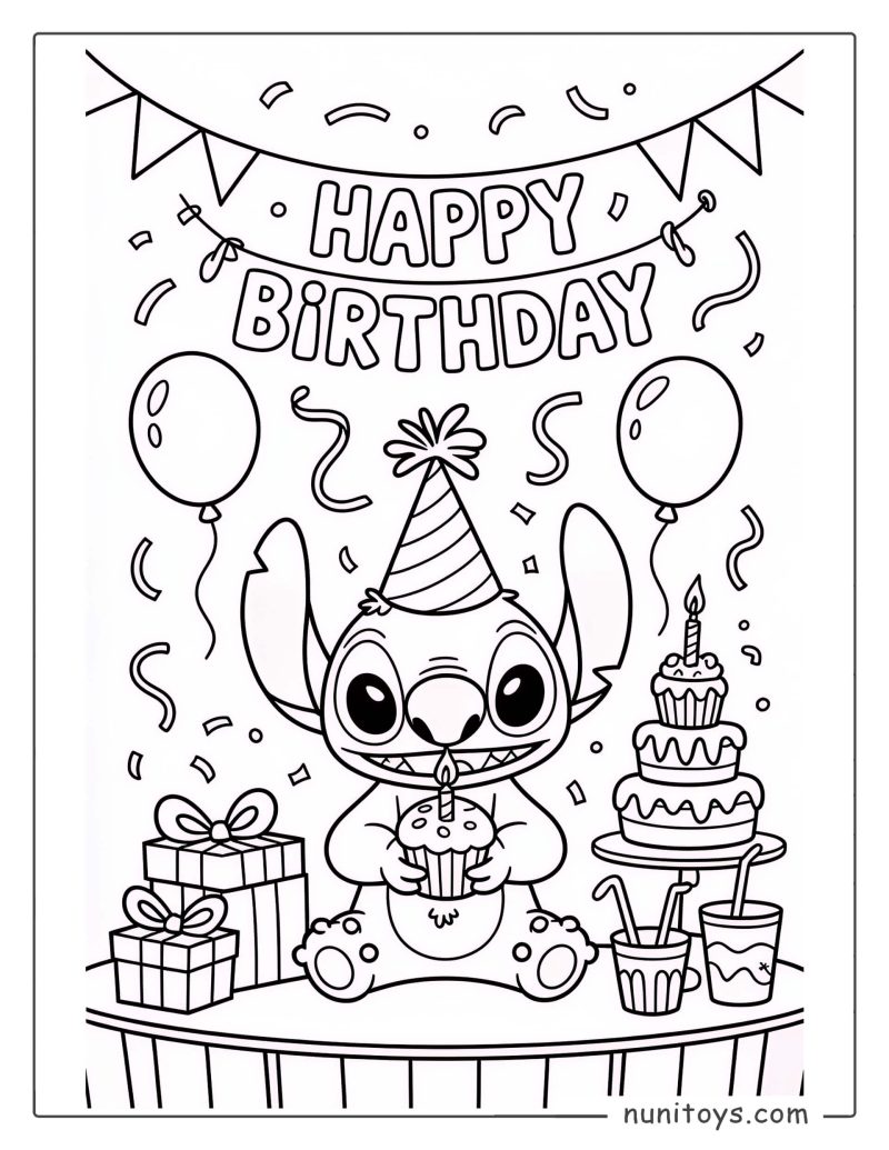 Stitch Birthday Coloring Page with Cupcake, Party Hat and Balloons