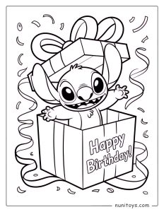Stitch Jumping Out of a Birthday Gift Box Coloring Page