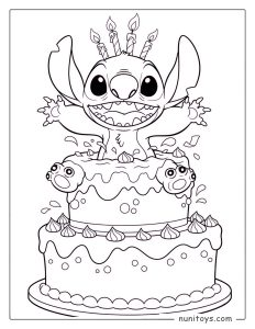 Stitch Popping Out of a Birthday Cake Coloring Page