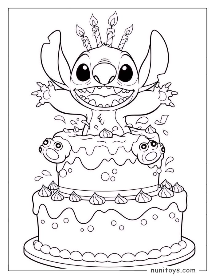 Stitch Popping Out of a Birthday Cake Coloring Page