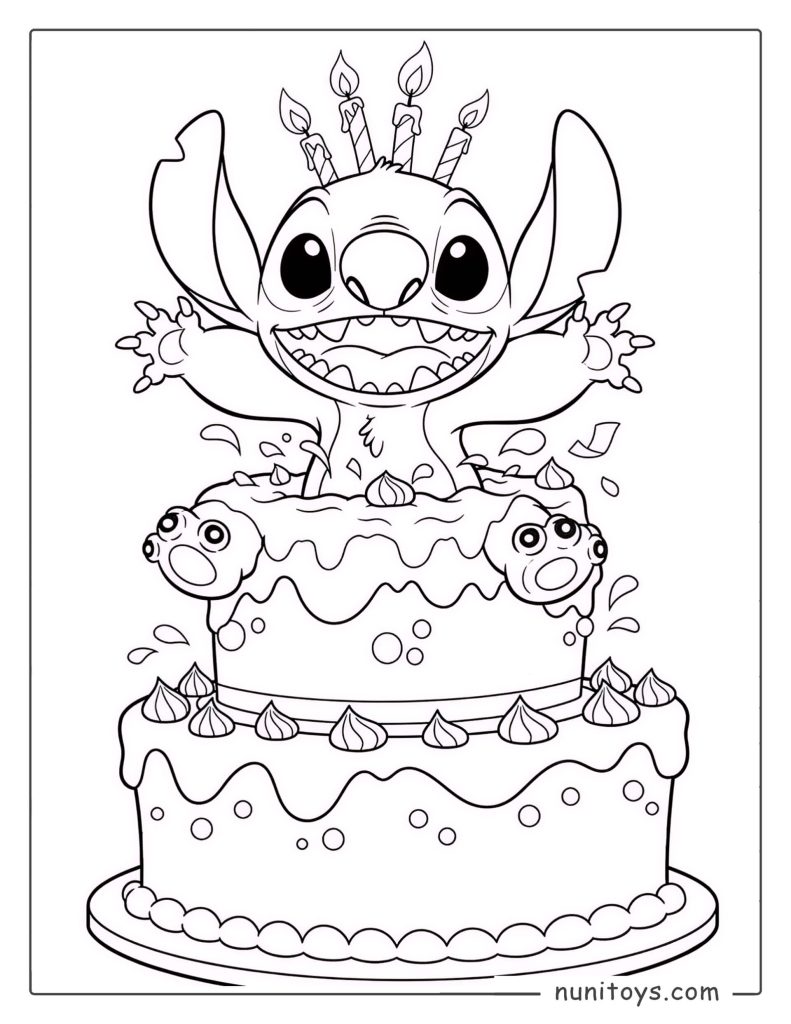 Stitch Popping Out of a Birthday Cake Coloring Page