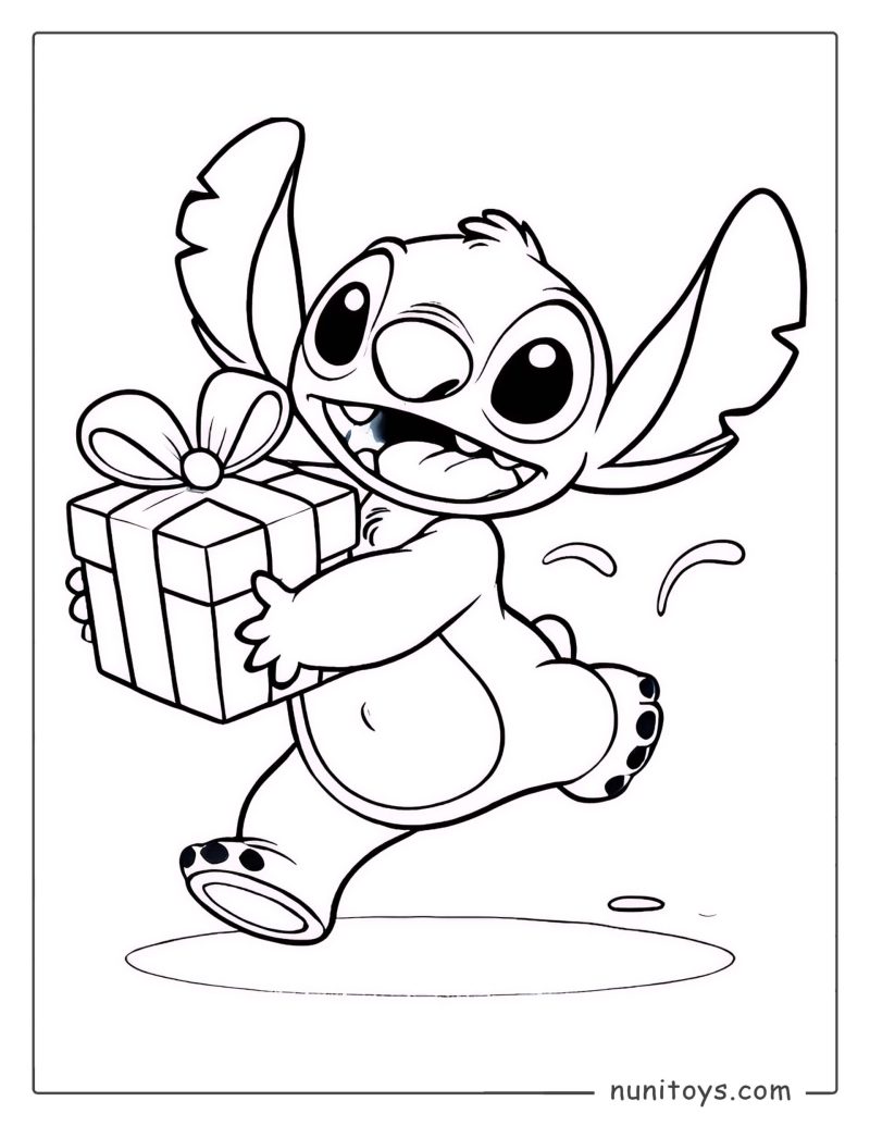 Stitch Running with a Birthday Gift Coloring Page