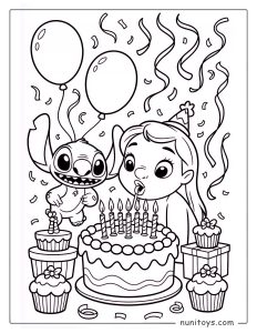 Stitch and Lilo Birthday Coloring Page with Cake and Candles