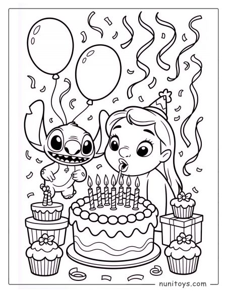 Stitch and Lilo Birthday Coloring Page with Cake and Candles