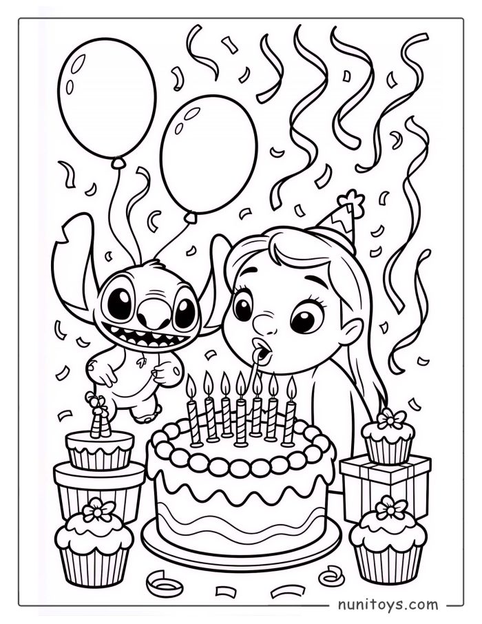 Stitch and Lilo Birthday Coloring Page with Cake and Candles