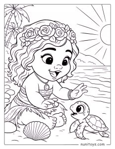 Young Moana Playing on the Beach with a Baby Sea Turtle – Moana Coloring Page