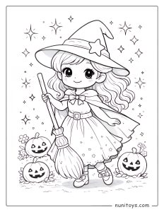 Brujita adorable de Halloween con calabazas para colorear