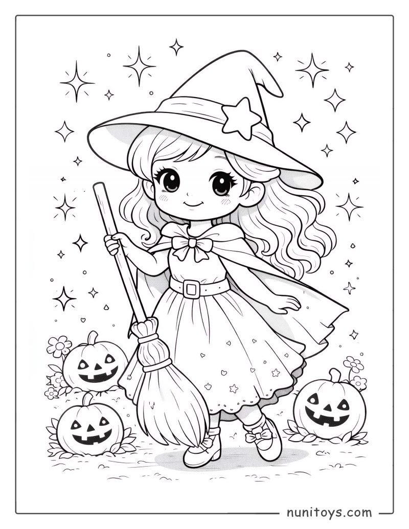 Brujita adorable de Halloween con calabazas para colorear