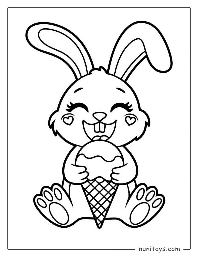 Conejito feliz comiendo un helado para colorear