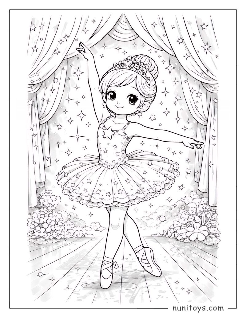 Coloriage ballerine gracieuse dansant sur une scène étoilée