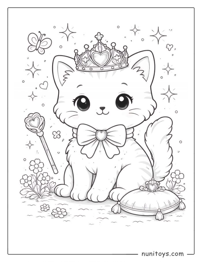 Coloriage chat princesse couronné avec baguette magique et coussin royal