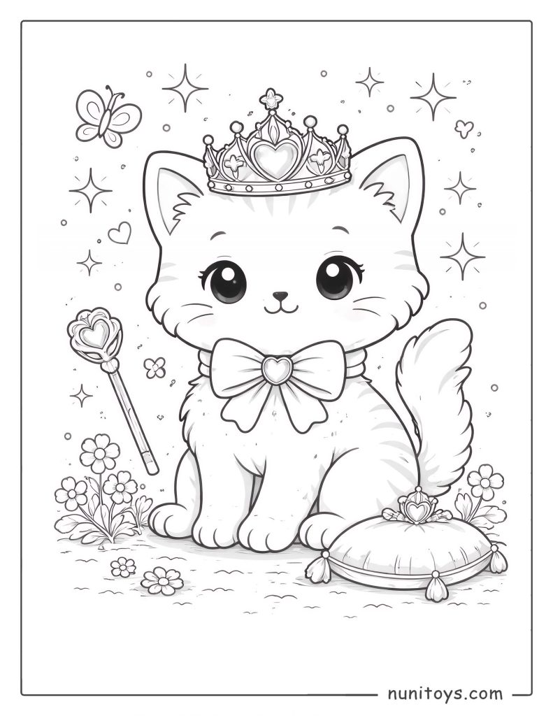 Coloriage chat princesse couronné avec baguette magique et coussin royal