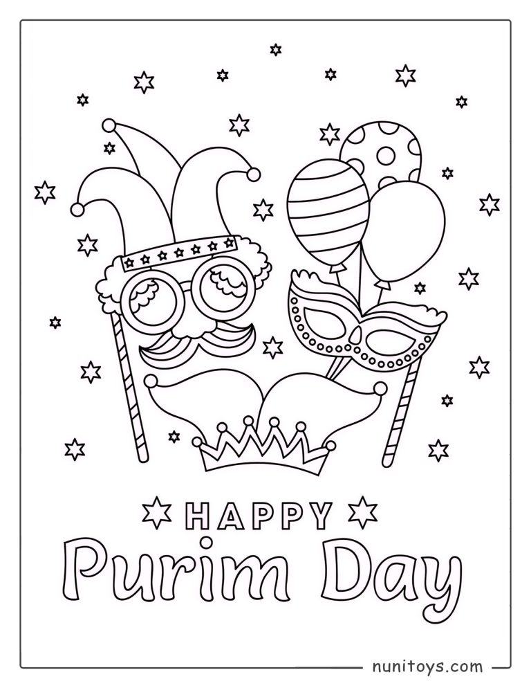 Coloriage de Pourim avec masques, couronne et décorations festives pour enfants