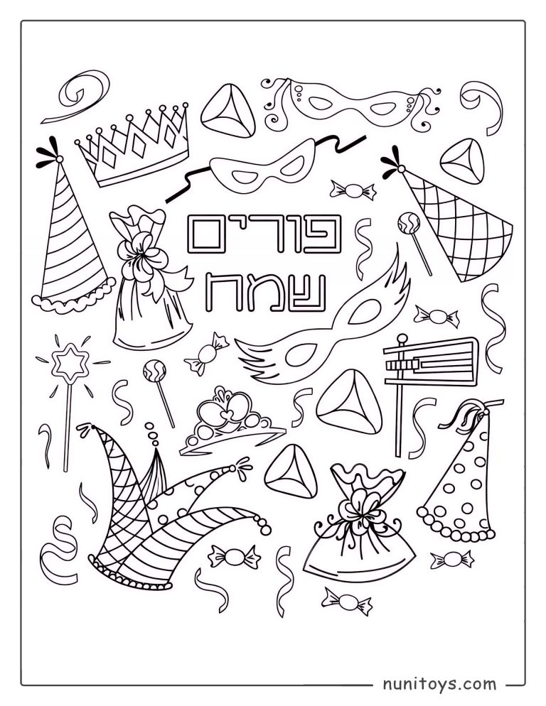 Coloriage de Pourim avec symboles traditionnels, masques, chapeaux et douceurs festives pour enfants