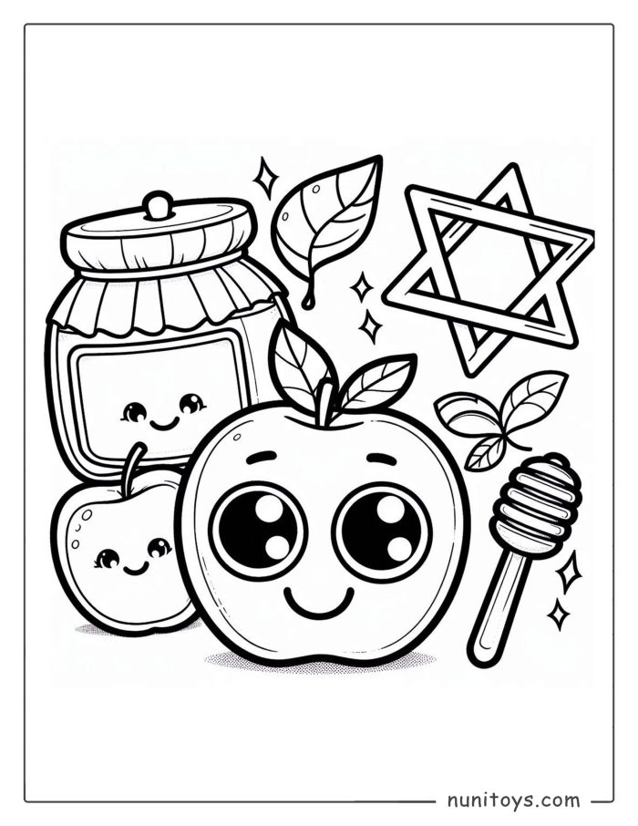 Coloriage de Roch Hachana avec pomme, miel et étoile de David