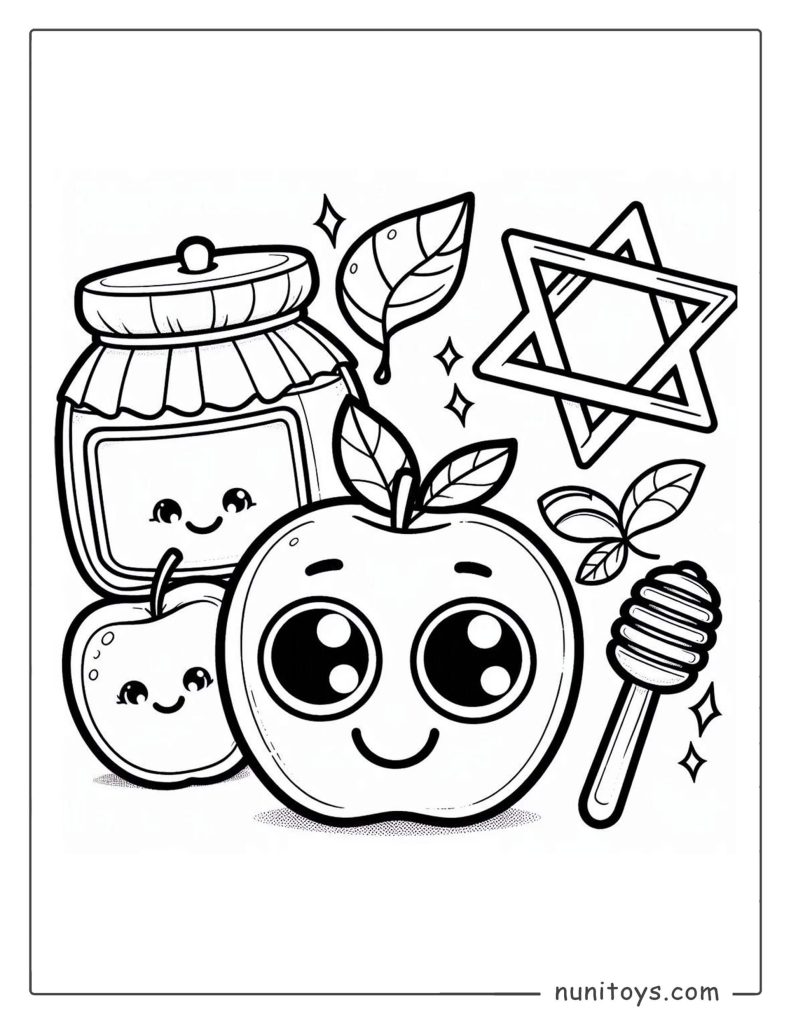 Coloriage de Roch Hachana avec pomme, miel et étoile de David