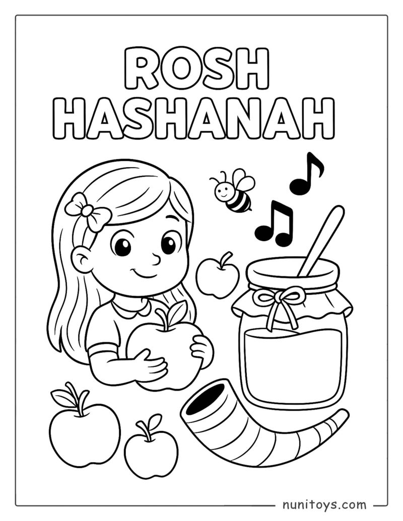 Coloriage de Roch Hachana avec pommes et miel pour enfants