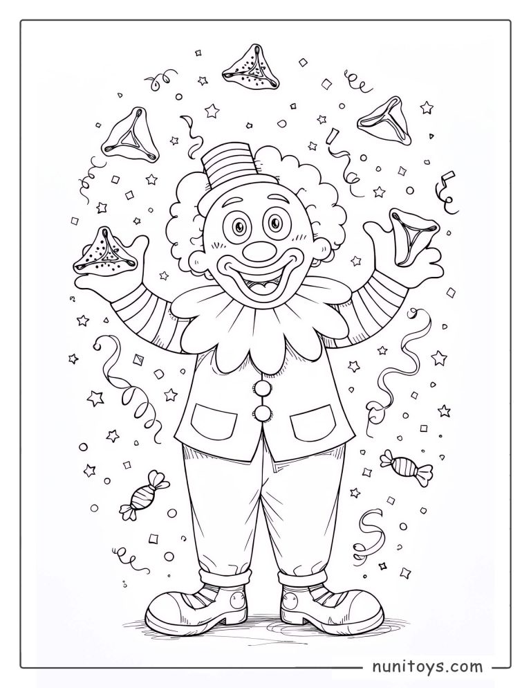 Coloriage de clown de Pourim avec hamantaschen