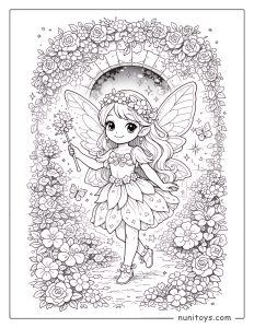 Coloriage fée élégante dans un jardin fleuri avec une arche de roses