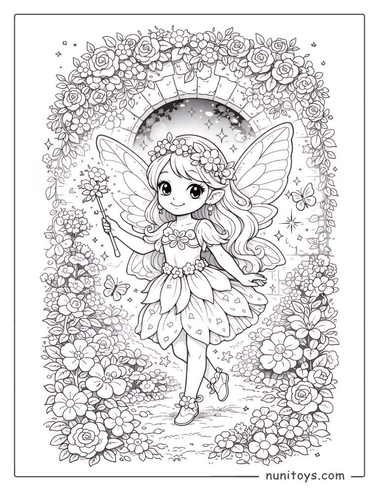 Coloriage fée élégante dans un jardin fleuri avec une arche de roses