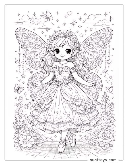 Coloriage fée magique aux ailes détaillées portant une robe étoilée
