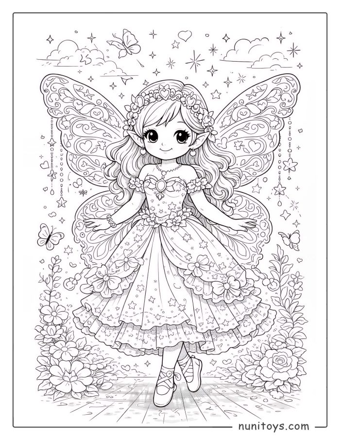 Coloriage fée magique aux ailes détaillées portant une robe étoilée