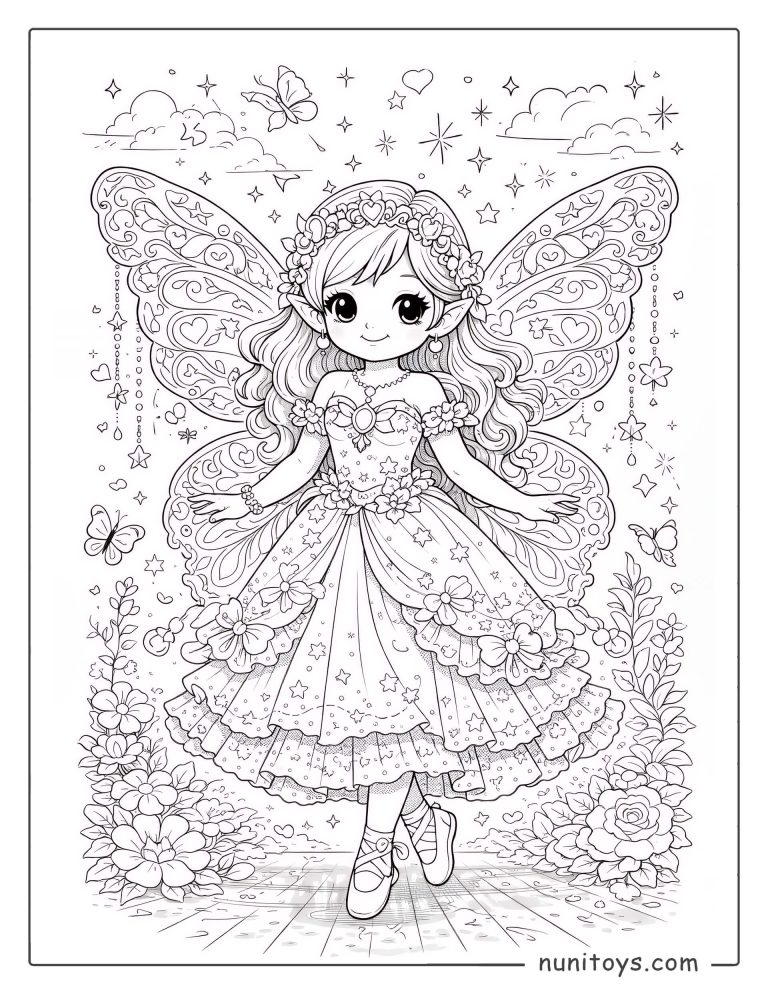 Coloriage fée magique aux ailes détaillées portant une robe étoilée