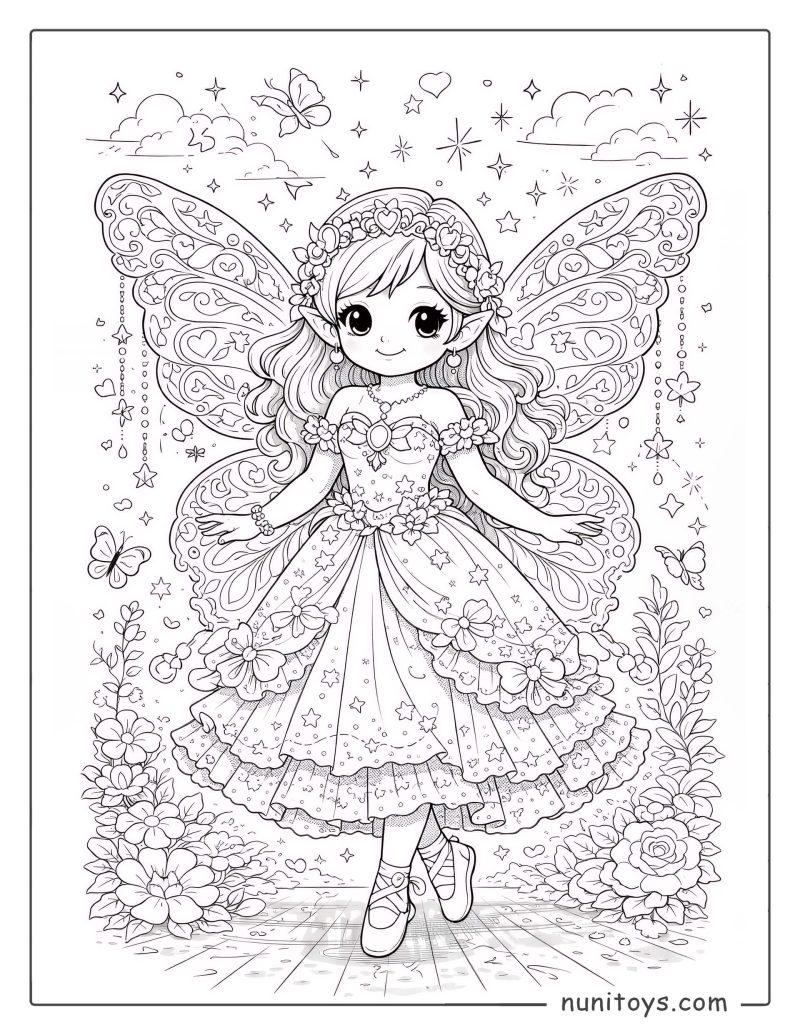 Coloriage fée magique aux ailes détaillées portant une robe étoilée