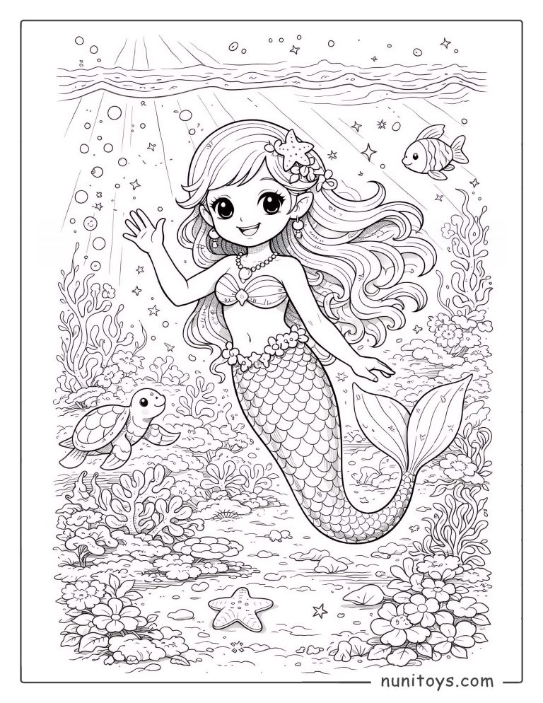 Coloriage jolie sirène souriante nageant dans un monde sous-marin