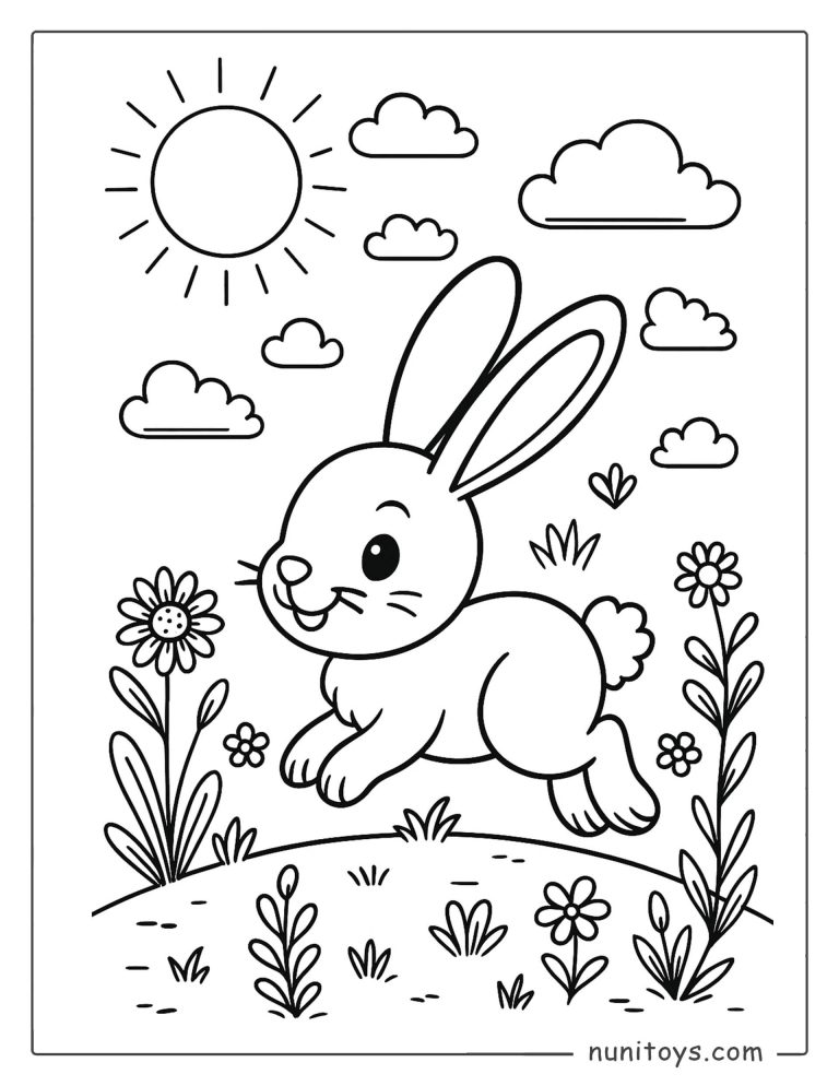 Coloriage lapin sautant dans le jardin sous le soleil
